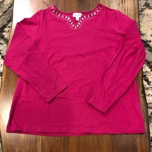 Breckenridge woman 1X hot pink and gem detail long sleeve tee cotton/spandex